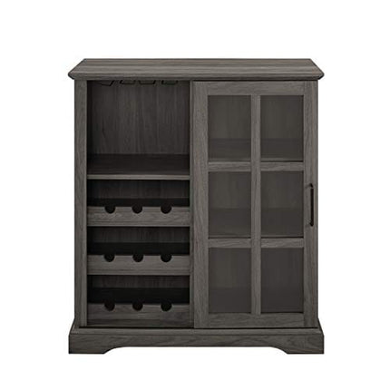 Walker Edison Wood Sliding Glass Door Bar Cabinet Entryway Serving Wine Storage Doors Dining Room Console, 36 Inch, Slate Grey