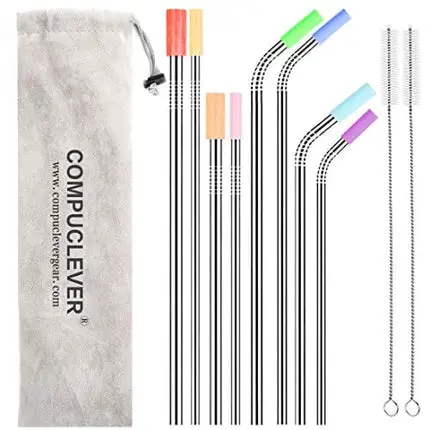 Stainless Steel Straws Set of 8 Reusable Drinking Straws for 30oz 20oz Tumbler 10.5’’ 8.5’’ Diameter 0.24’’ 0.31’’ with 8 Silicone Tips 2 Cleaning Brushes and Pouch(4 Bent 4 Straight) (8.5'' 10.5'')