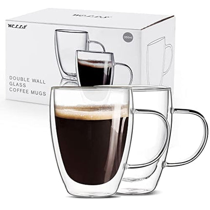 2-Pack 12 Oz Double Walled Glass Coffee Mugs with Handle,Insulated Layer Coffee Cups,Clear Borosilicate Glass Mugs,Perfect for Cappuccino,Tea,Latte,Espresso,Hot Beverage
