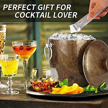 Ice Bucket with Lid, Scoop, Tongs and Strainer - Well Made Insulated Stainless Steel Keep Ice Frozen Longer - Ideal for Cocktail Bar, Parties, Chilling Wine, Champagne - 3 Liter (Teakwood)