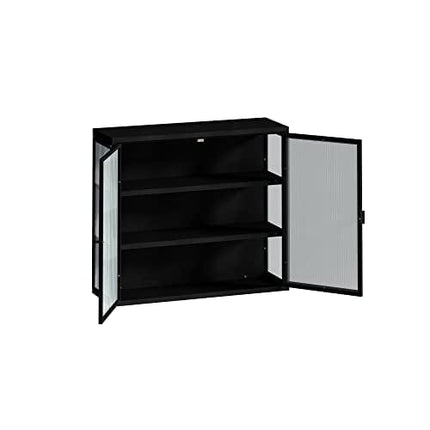 Retro Style Haze Double Glass Door Wall Cabinet with Detachable Shelves for Office, Dining Room,Living Room, Kitchen and Bathroom Frosted Black