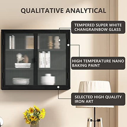 Retro Style Haze Double Glass Door Wall Cabinet with Detachable Shelves for Office, Dining Room,Living Room, Kitchen and Bathroom Frosted Black