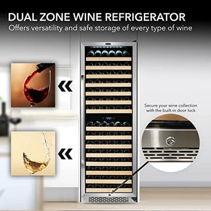Whynter BWR-1642DZ 164 Built-in or Freestanding Stainless Steel Dual Zone Compressor Large Capacity Wine Refrigerator Rack for Open LED Display, Black-164 Bottle, Black