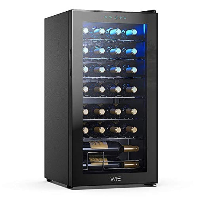 WIE 28 Bottle Wine Cooler Refrigerator Compressor Wine Fridge Freestanding Quiet Operation 41°F-64°F Cooling Wine Cellar Digital Touch Display UV-Protective Finish Auto-Defrost Double-layer Glass Door