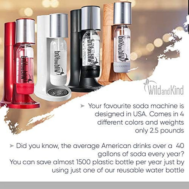 Wild and Kind Sparkling Water Maker, Water Carbonator and Soda Maker Machine for Home, Easy to Use, Spill & Leak Free, Your Own Seltzer Water Maker with Carbonation Control Function, 3 Bottles (Black)