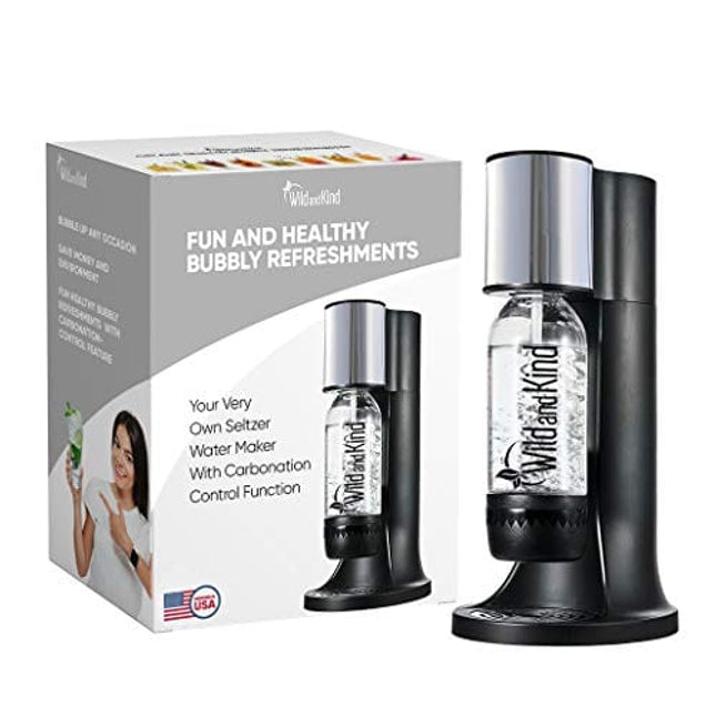 Wild and Kind Sparkling Water Maker, Water Carbonator and Soda Maker Machine for Home, Easy to Use, Spill & Leak Free, Your Own Seltzer Water Maker with Carbonation Control Function, 3 Bottles (Black)