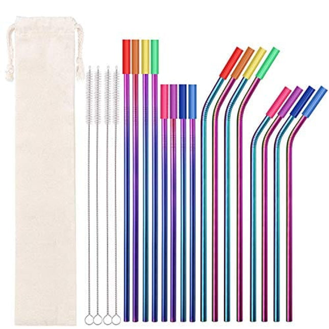 Metal Straws Stainless Steel Straws 16 Pcs 10.5" 8.5" Reusable Drinking Straws Rainbow Multi Colored Straws for 20 24 30 OZ Tumblers with 16 Silicone Tips 4 Cleaning Brush 1 Case