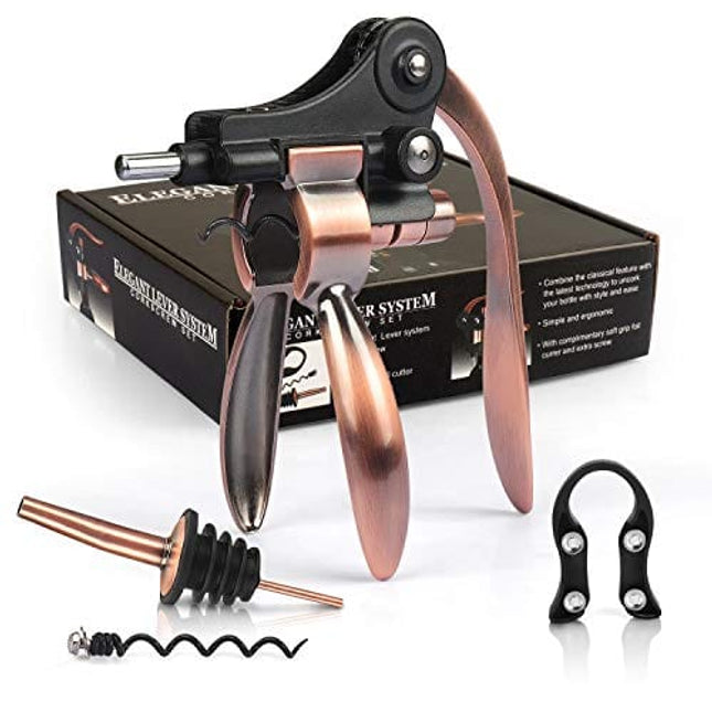 Wine Bottle Opener Corkscrew Set, WITANHURST Wine Opener Kit with Foil Cutter, Wine Pourer and Extra Spiral, Elegant Lever System Corkscrew Set Wine Bottle Opener
