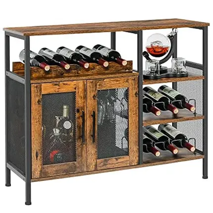 X-cosrack Wine Bar Rack Cabinet with Detachable Wine Rack, Coffee Bar Cabinet with Glass Holder, Small Sideboard and Buffet Cabinet with Mesh Door, Rustic Brown, Large