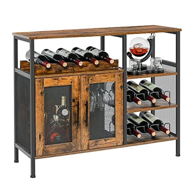 X-cosrack Wine Bar Rack Cabinet with Detachable Wine Rack, Coffee Bar Cabinet with Glass Holder, Small Sideboard and Buffet Cabinet with Mesh Door, Rustic Brown, Large