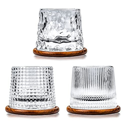 3 Set Rotating Whiskey Glasses with Black Walnut Coasters - Luxurious Crystal 160ml in Choice of Styles. Unique Arched Convex Bottoms for Spinning. Real Wood Fitted Coasters.