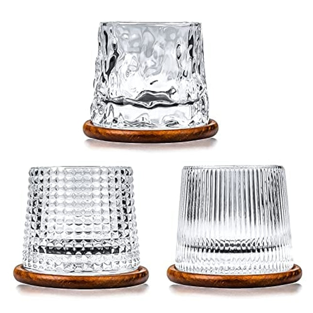 3 Set Rotating Whiskey Glasses with Black Walnut Coasters - Luxurious Crystal 160ml in Choice of Styles. Unique Arched Convex Bottoms for Spinning. Real Wood Fitted Coasters.