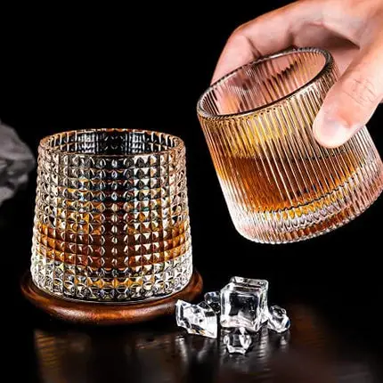 3 Set Rotating Whiskey Glasses with Black Walnut Coasters - Luxurious Crystal 160ml in Choice of Styles. Unique Arched Convex Bottoms for Spinning. Real Wood Fitted Coasters.
