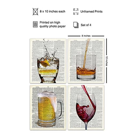 Upcycled Bar Dictionary Wall Art Prints - Set of Four (8X10) Vintage Unframed Photos - Perfect Gift for Game Room, Bar, or Man Cave Decor - Wine