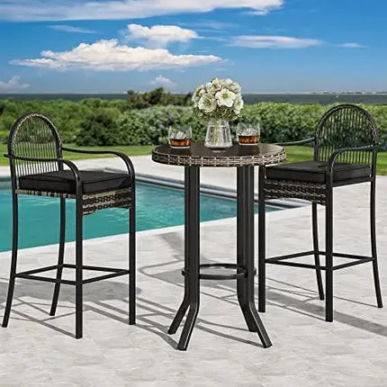 YITAHOME 3-Piece Patio Bar Table Set, Outdoor Wicker Bar Height Bistro with Soft Cushions, Steel Frame for Poolside Balcony, Barstools (Black)