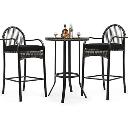 YITAHOME 3-Piece Patio Bar Table Set, Outdoor Wicker Bar Height Bistro with Soft Cushions, Steel Frame for Poolside Balcony, Barstools (Black)