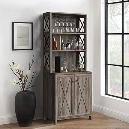 YITAHOME Bar Cabinet for Liquor and Glasses, Dining Room Kitchen Cabinet with Wine Rack, Open Storage Shelves, Wood Doors for Living Room, Hallway, Rustic Grey Wash