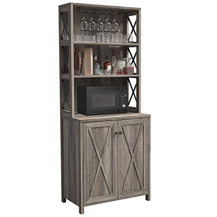 YITAHOME Bar Cabinet for Liquor and Glasses, Dining Room Kitchen Cabinet with Wine Rack, Open Storage Shelves, Wood Doors for Living Room, Hallway, Rustic Grey Wash