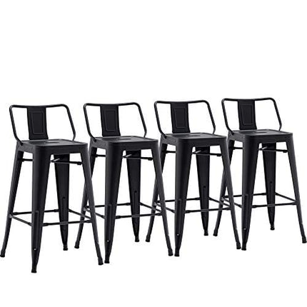 Yongchuang Metal Bar Stools with Back Set of 4 Indoor Outdoor Kitchen Stools Counter Height Barstools (24" Seat Height, Low Back Matte Black)