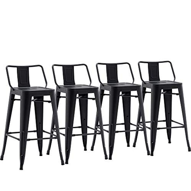 Yongchuang Metal Bar Stools with Back Set of 4 Indoor Outdoor Kitchen Stools Counter Height Barstools (24" Seat Height, Low Back Matte Black)