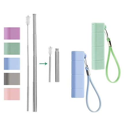 Yoocaa Reusable Straws with Case, 2 pack Mental Straws with Case, Portable Straws with Cleaning Brushes & Key Chains, Green & Blue