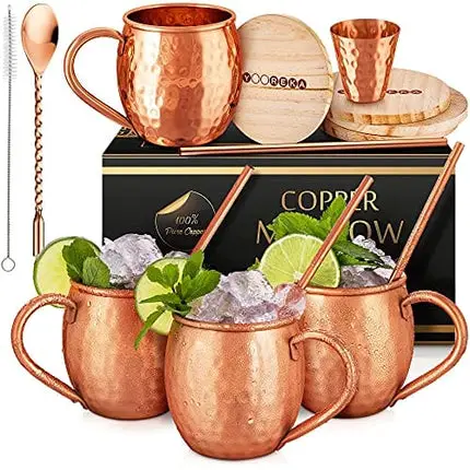 Yooreka Gift Set Moscow Mule Mugs Set Of 4 16 oz Solid Cooper, 100% Pure Copper Cups Cylindrical Shape HANDCRAFTED,BONUS 4 Straws, 4 Wood Coasters, Stirring Spoon, Cleaning brush (Oval)