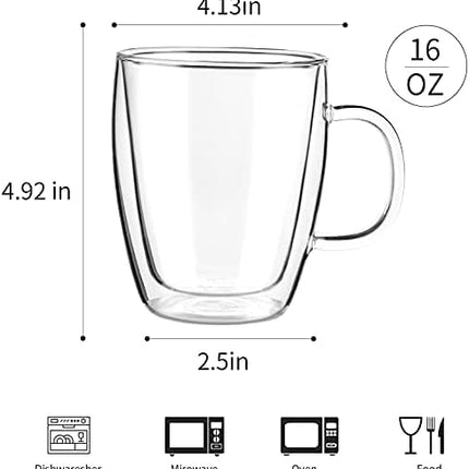 YUNCANG Double Wall Glass Coffee mugs, (4-Pcak) 16 Ounces-Clear Glass Coffee Cups with Handle,Insulated Coffee Glass,Cappuccino Cups,Tea Cups,Latte Cups,Beverage Glasses Heat Resistant