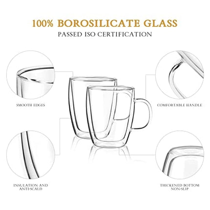 YUNCANG Double Wall Glass Coffee mugs, (4-Pcak) 16 Ounces-Clear Glass Coffee Cups with Handle,Insulated Coffee Glass,Cappuccino Cups,Tea Cups,Latte Cups,Beverage Glasses Heat Resistant