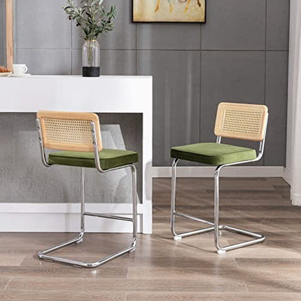 Zesthouse 24'' Counter Height Bar Stools Set of 2 for Kitchen Counter, Modern Rattan Bar Chairs with Back, Velvet Upholstered Barstools Island Stool, Chrome Base+Green