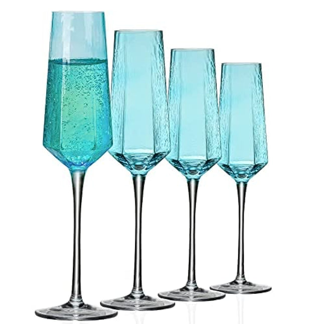ziixon Champagne Flutes 8Oz Blue Wedding Champagne Glasses Classy Champagne Flutes Elegant Crystal Champagne Flutes Set of 4 for Anniversary Christmas (Blue)
