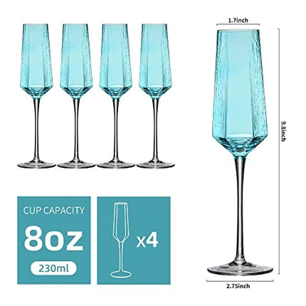 ziixon Champagne Flutes 8Oz Blue Wedding Champagne Glasses Classy Champagne Flutes Elegant Crystal Champagne Flutes Set of 4 for Anniversary Christmas (Blue)