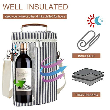 2 Bottle Insulated Wine Tote Bag, Wine Carrier Travel Padded Cooler Bag with Shoulder Strap Corkscrew Opener, Perfect for Picnic and Outdoor Entertaining Wine Lover's