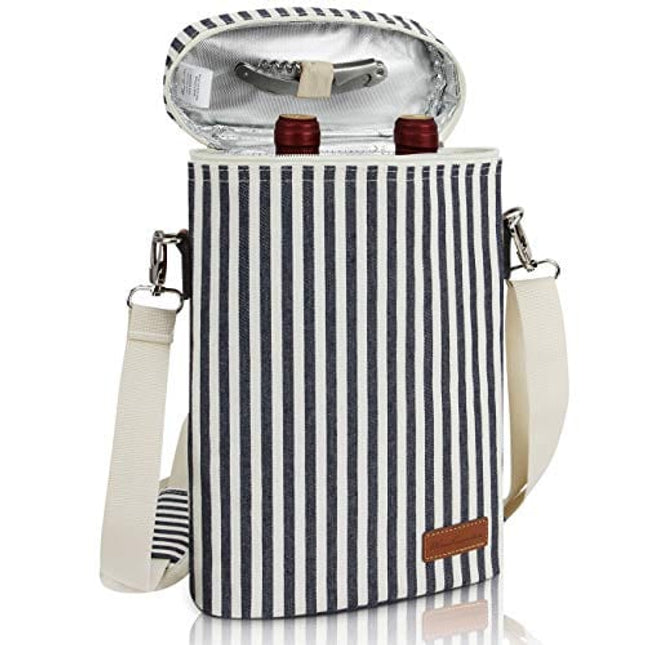 2 Bottle Insulated Wine Tote Bag, Wine Carrier Travel Padded Cooler Bag with Shoulder Strap Corkscrew Opener, Perfect for Picnic and Outdoor Entertaining Wine Lover's