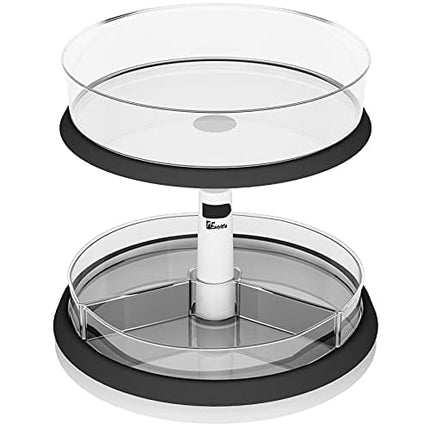 2-Tier Lazy Susan Turntable and Height Adjustable Cabinet Organizer with 1x Large Bin and 3 x Divided Bins, Removable, Clear Spice Rack Organizer for Cabinet, Pantry, Kitchen (2 Tier w/Bins)