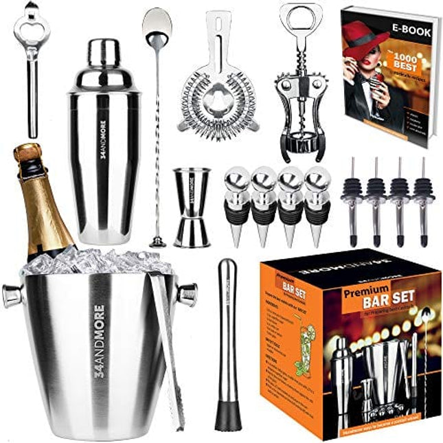 Bartender Kit Ice Bucket 3½qt 17pcs. Premium Cocktail Set Mixology Kit for Bar or Home. Stainless Steel Cocktail Shaker Set. Bartender E-Book, Alcohol Mixer Set for Men, Women. Drink Accessories Tools