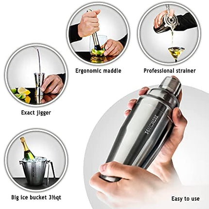 Bartender Kit Ice Bucket 3½qt 17pcs. Premium Cocktail Set Mixology Kit for Bar or Home. Stainless Steel Cocktail Shaker Set. Bartender E-Book, Alcohol Mixer Set for Men, Women. Drink Accessories Tools
