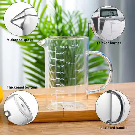 Glass Measuring Cup, [Insulated handle, V-Shaped Spout], 77L High Borosilicate Glass Measuring Cup for Kitchen or Restaurant, Easy To Read, 500 ML (0.5 Liter, 2 Cup)