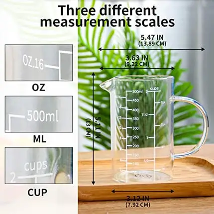 Glass Measuring Cup, [Insulated handle, V-Shaped Spout], 77L High Borosilicate Glass Measuring Cup for Kitchen or Restaurant, Easy To Read, 500 ML (0.5 Liter, 2 Cup)