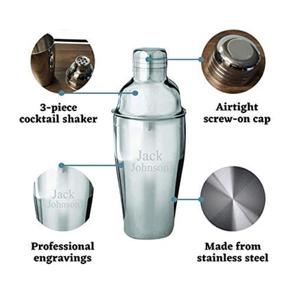 Personalized Stainless Steel Cocktail Shaker with Strainer, Silver Martini Drink Mixer (Script Design) - Barware Gift for Dad, Boyfriend