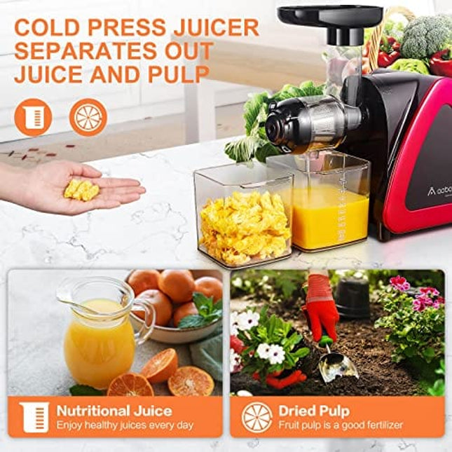 Slow Juicer, Aobosi Slow Masticating Juicer, Cold Press Juicer Machines with Reverse Function, Quiet Motor, High Juice Yield with Juice Jug & Brush for Cleaning Red