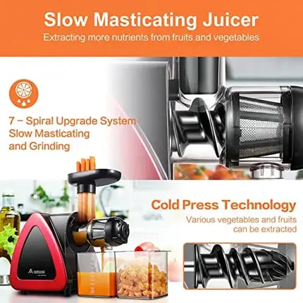 Slow Juicer, Aobosi Slow Masticating Juicer, Cold Press Juicer Machines with Reverse Function, Quiet Motor, High Juice Yield with Juice Jug & Brush for Cleaning Red