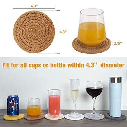 6Pcs Coasters for Drinks, ABenkle Stylish Handmade Braided Woven Drink Coasters (4.3inch), 100% Cotton Super Absorbent Heat-Resistant Round Coasters, Great Housewarming Gift ( Brown