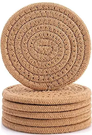 6Pcs Coasters for Drinks, ABenkle Stylish Handmade Braided Woven Drink Coasters (4.3inch), 100% Cotton Super Absorbent Heat-Resistant Round Coasters, Great Housewarming Gift ( Brown