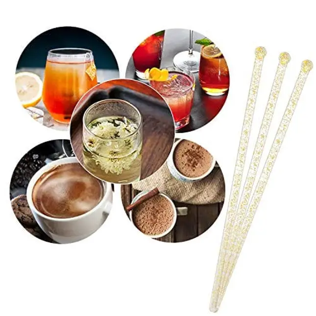 Aboat 120 Pieces 7.3 Inch Plastic Round Top Swizzle Sticks, Crystal and Gold