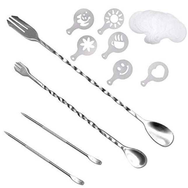 ACKLLR 36 Pcs Coffee Art Maker Set, 32 Pieces Coffee Decorating Stencils Barista Template + 2 Latte Pen + 2 Pack Spiral Pattern Mixing Spoon fork 2 in 1 for Mousse Cake Birthday Party Bar Espresso