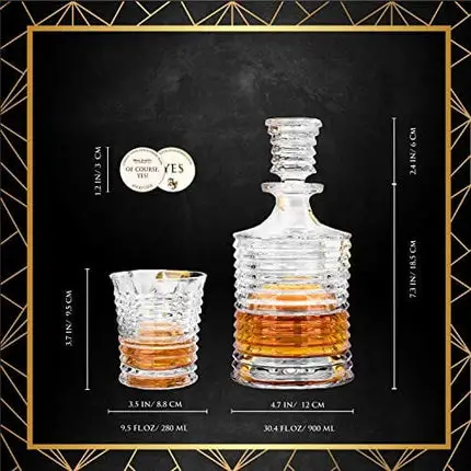 Whiskey Decanter Gift Set ?Pier? 5-Piece (1 Carafe + 4 Glasses) incl. Lucky Coin in Box. Premium 100% lead-free Crystal Glass for Liquor, Bourbon, Scotch. Dishwasher Safe - AdamFranklin1881