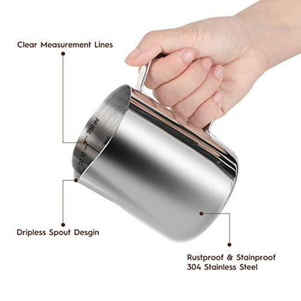 Milk Frothing Pitcher 350ml 600ml 900ml 1500ml 2000m(12oz 20oz 32oz 50oz 66oz)Steaming Pitchers Stainless Steel Milk Coffee Cappuccino Latte Art Barista Steam Pitchers Milk Jug Cup with Decorating Pen