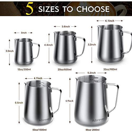 Milk Frothing Pitcher 350ml 600ml 900ml 1500ml 2000m(12oz 20oz 32oz 50oz 66oz)Steaming Pitchers Stainless Steel Milk Coffee Cappuccino Latte Art Barista Steam Pitchers Milk Jug Cup with Decorating Pen