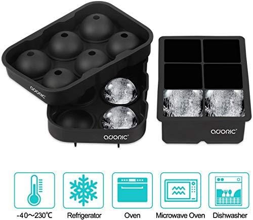 glacio Ice Cube Molds - Silicone Combo Trays - Sphere Ice Mold Ball Maker  with Lid & Large Square Tray - Set of 2 