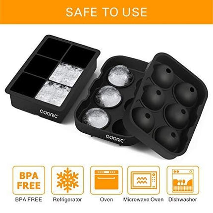 Ice Cube Trays, Adoric Sphere Ice Cube Molds Set of 2, Silicone Ice Ball Maker with Lid & Large Square Molds for Whiskey and Cocktails or Homemade, Black (Medium, Dark Black)